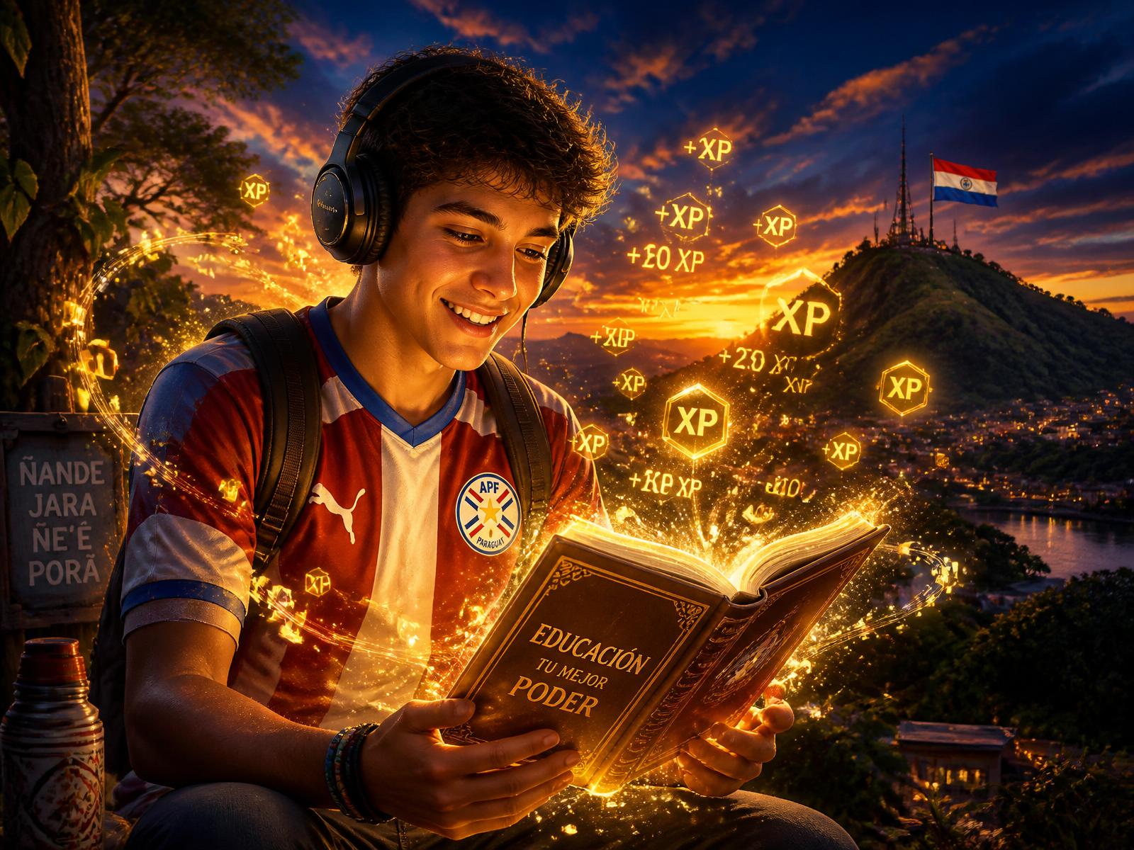 Estudiante paraguayo leyendo con partículas de XP y paisaje del Chaco al atardecer