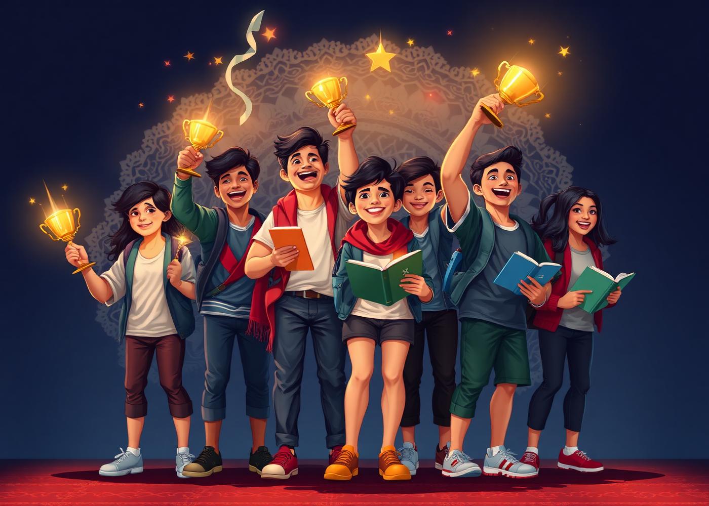 Estudiantes paraguayos celebrando con trofeos y libros